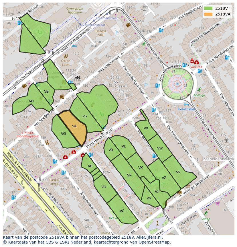 Afbeelding van het postcodegebied 2518 VA op de kaart.