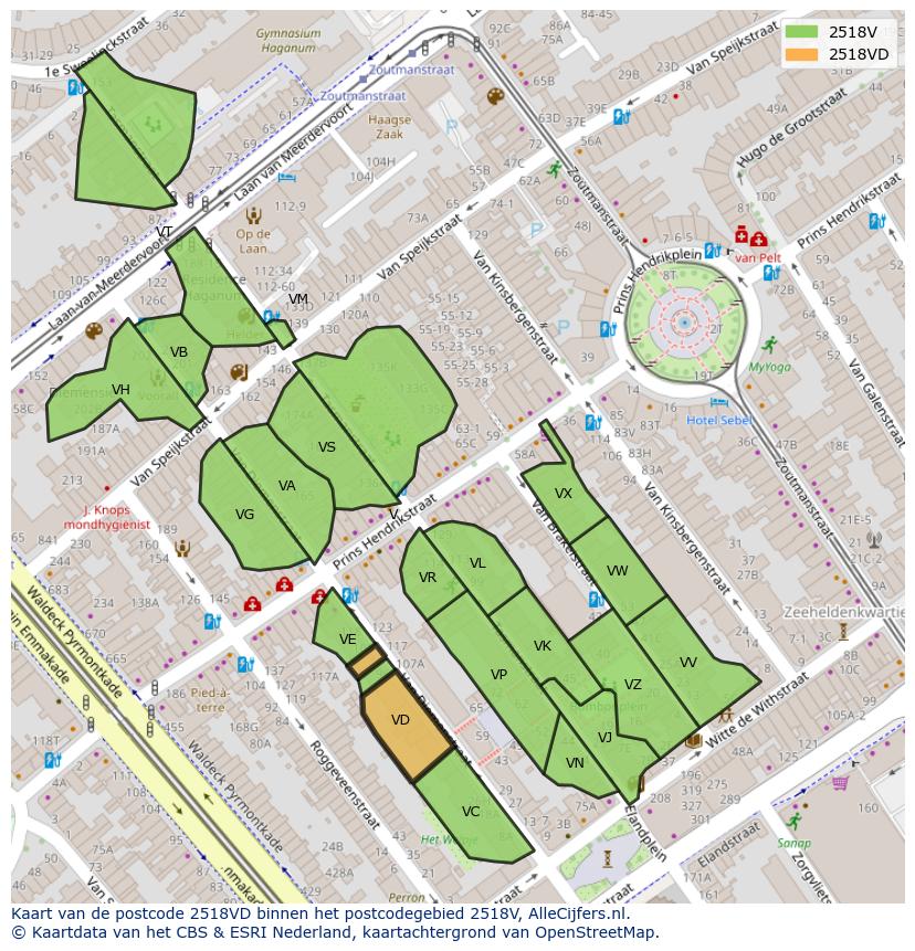 Afbeelding van het postcodegebied 2518 VD op de kaart.