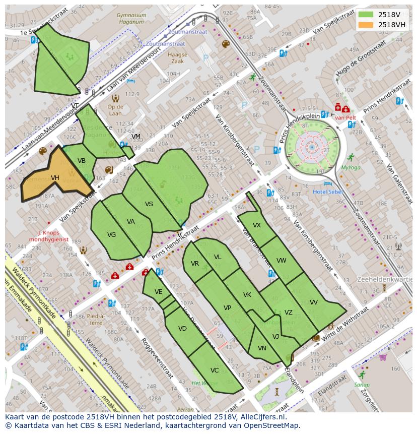 Afbeelding van het postcodegebied 2518 VH op de kaart.