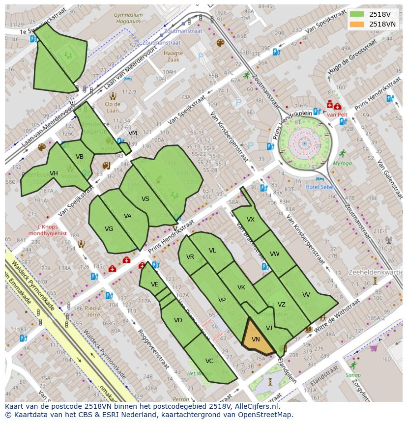 Afbeelding van het postcodegebied 2518 VN op de kaart.