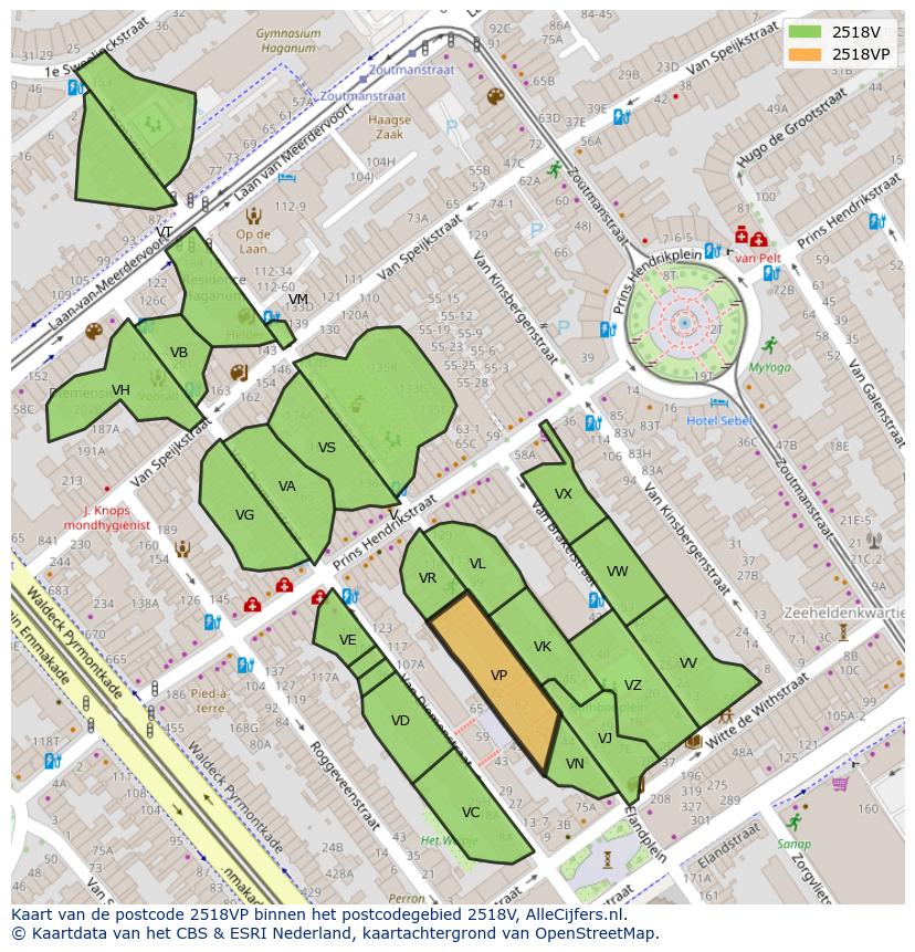 Afbeelding van het postcodegebied 2518 VP op de kaart.
