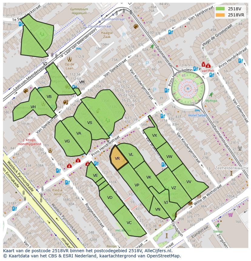 Afbeelding van het postcodegebied 2518 VR op de kaart.