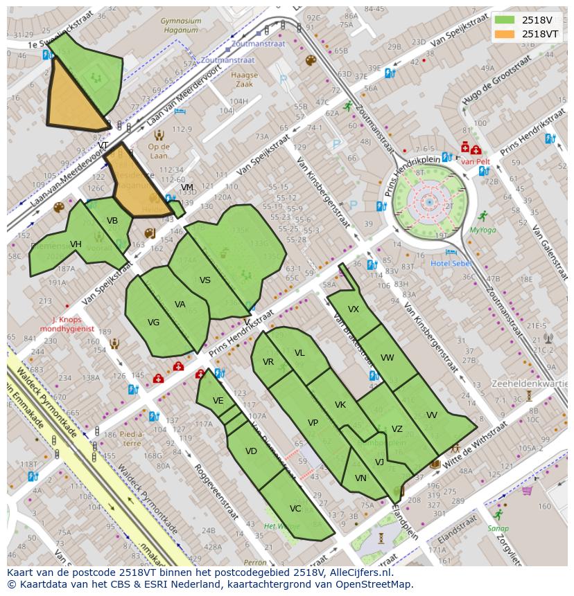 Afbeelding van het postcodegebied 2518 VT op de kaart.