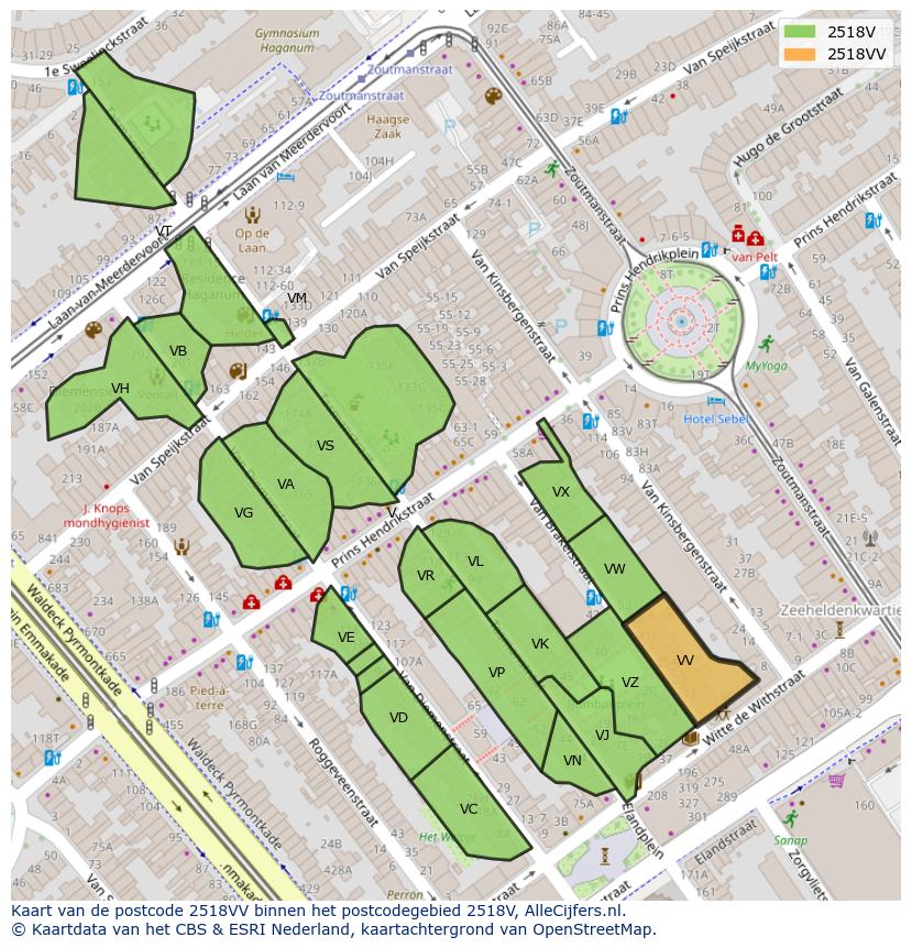 Afbeelding van het postcodegebied 2518 VV op de kaart.