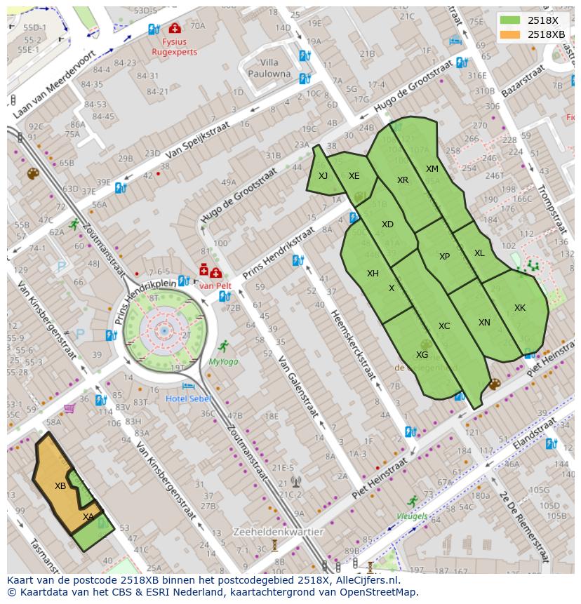 Afbeelding van het postcodegebied 2518 XB op de kaart.
