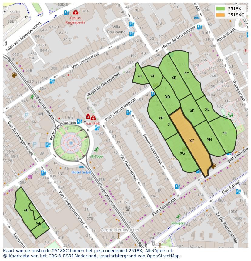 Afbeelding van het postcodegebied 2518 XC op de kaart.