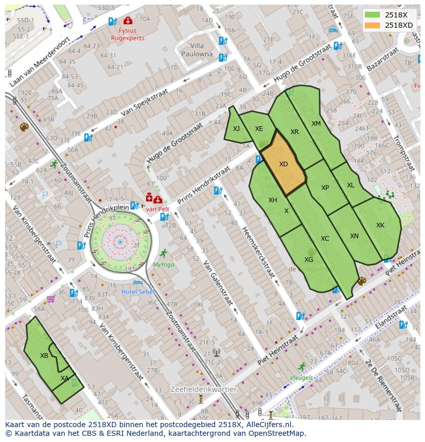 Afbeelding van het postcodegebied 2518 XD op de kaart.