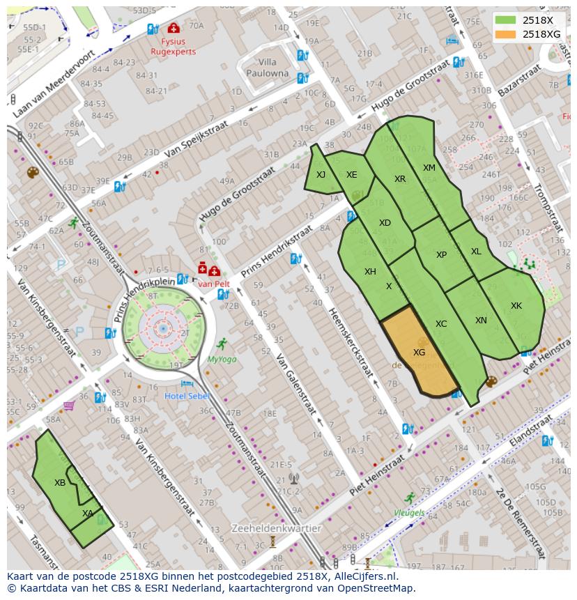 Afbeelding van het postcodegebied 2518 XG op de kaart.