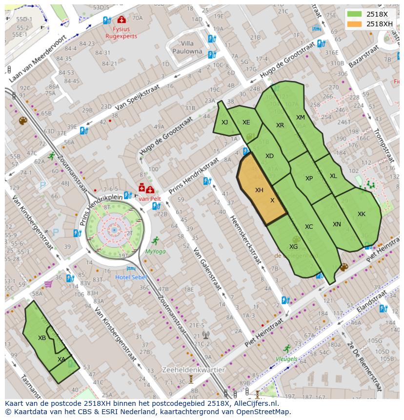 Afbeelding van het postcodegebied 2518 XH op de kaart.