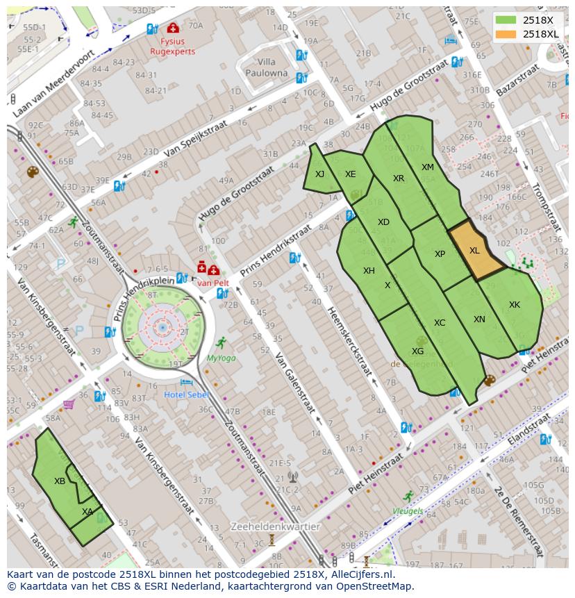 Afbeelding van het postcodegebied 2518 XL op de kaart.