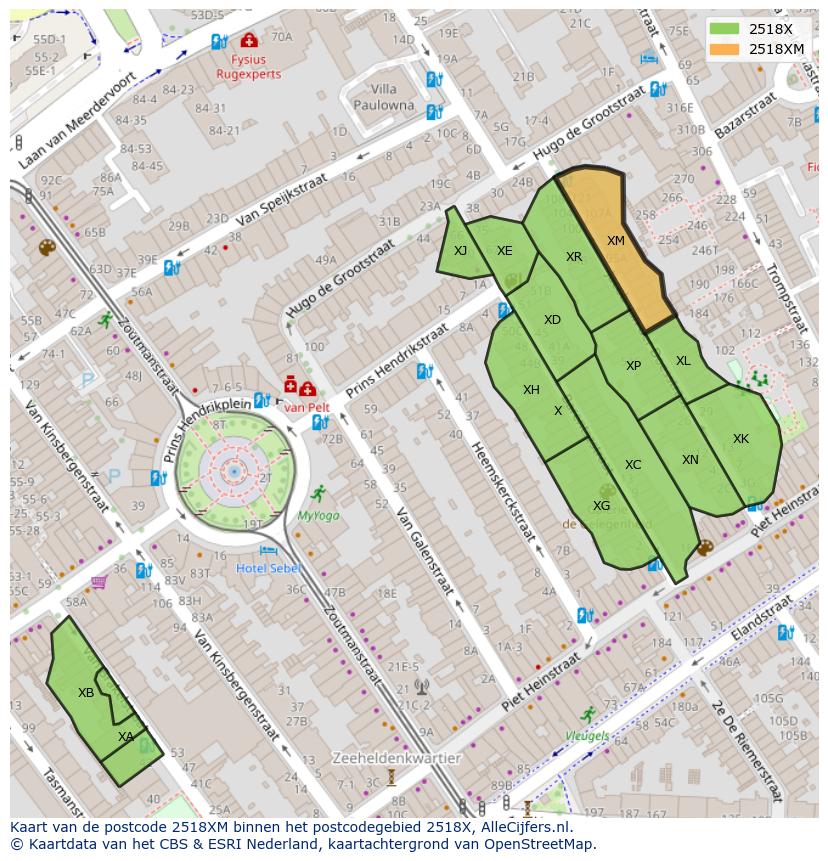 Afbeelding van het postcodegebied 2518 XM op de kaart.