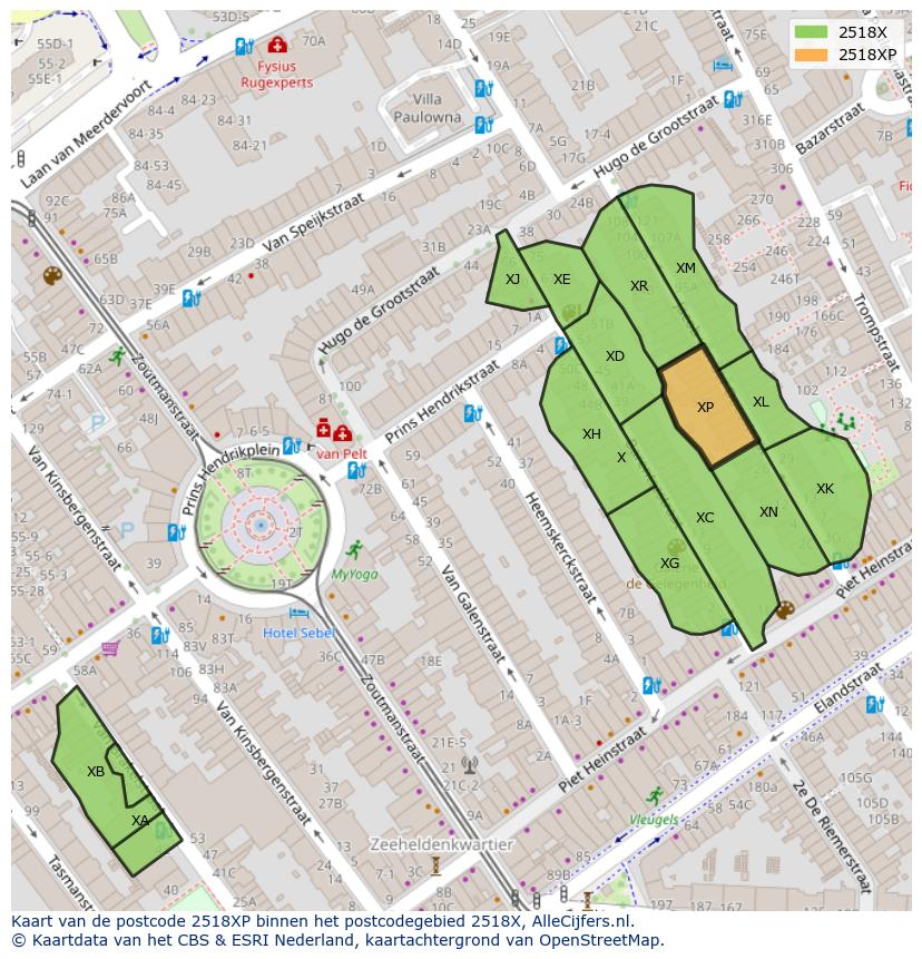 Afbeelding van het postcodegebied 2518 XP op de kaart.