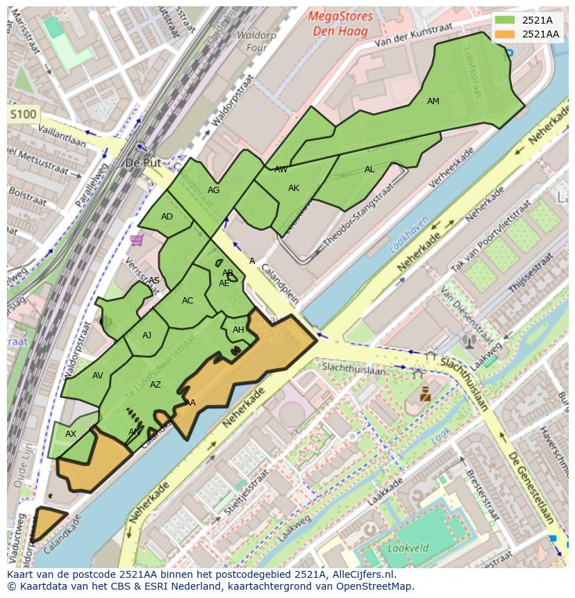 Afbeelding van het postcodegebied 2521 AA op de kaart.