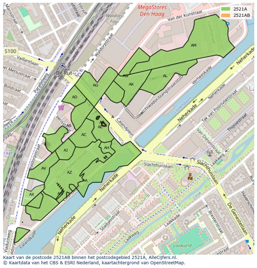 Afbeelding van het postcodegebied 2521 AB op de kaart.