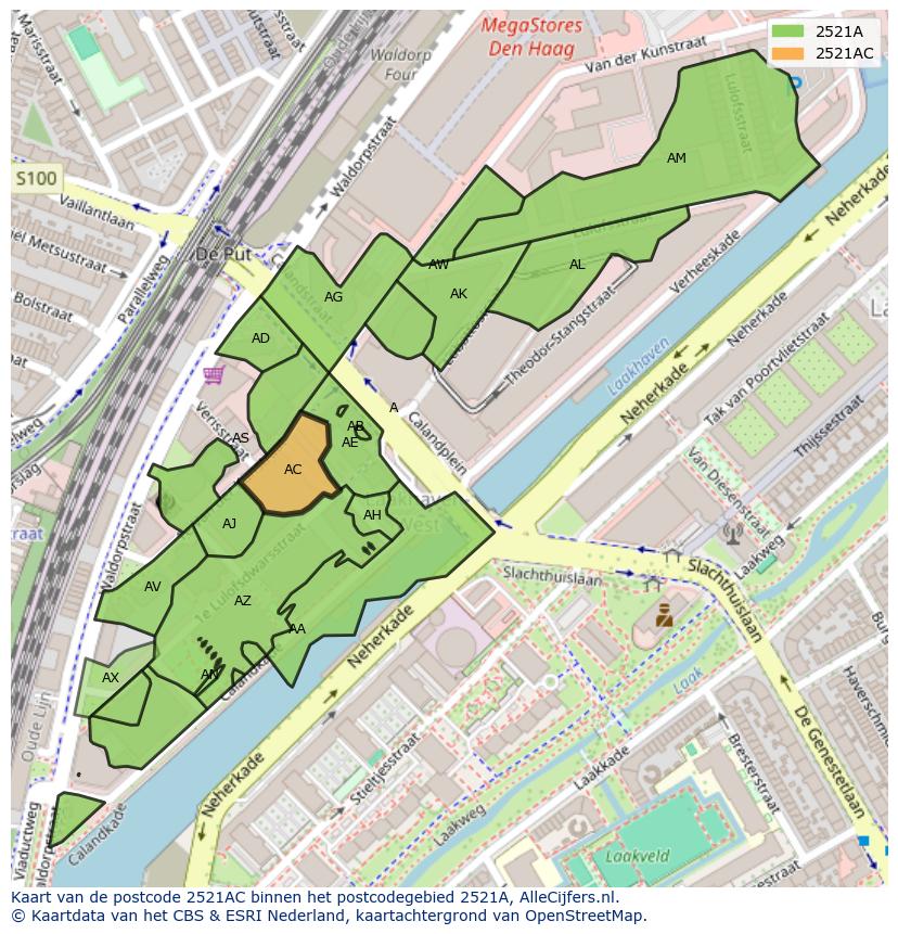 Afbeelding van het postcodegebied 2521 AC op de kaart.