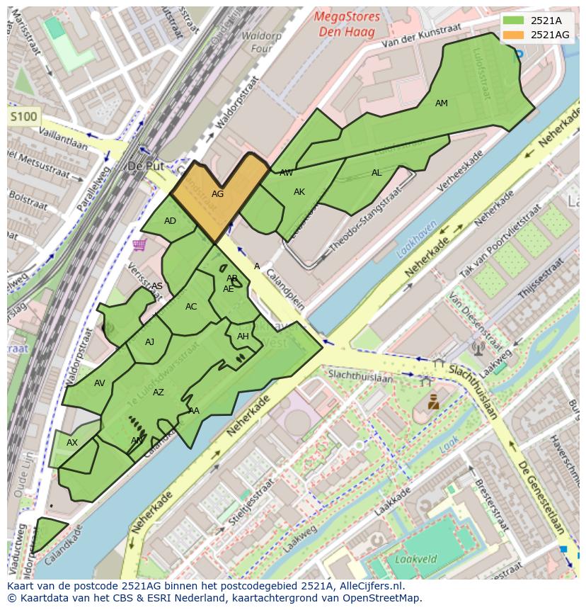 Afbeelding van het postcodegebied 2521 AG op de kaart.