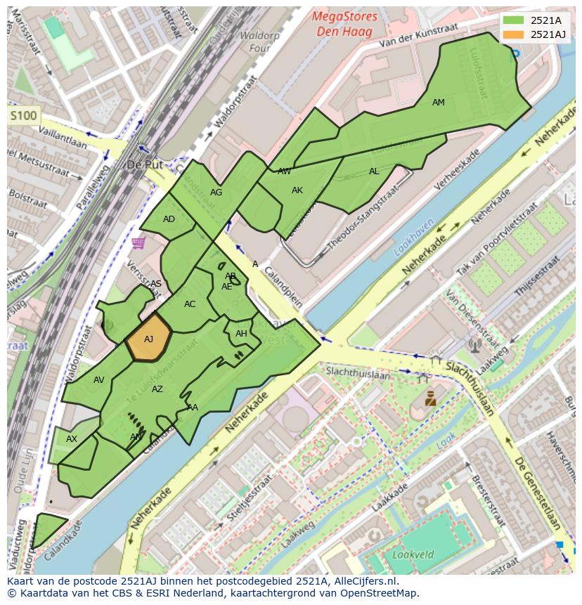 Afbeelding van het postcodegebied 2521 AJ op de kaart.