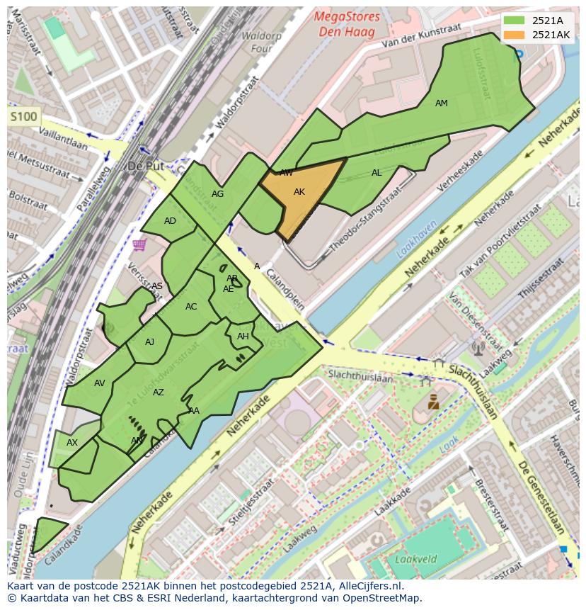Afbeelding van het postcodegebied 2521 AK op de kaart.