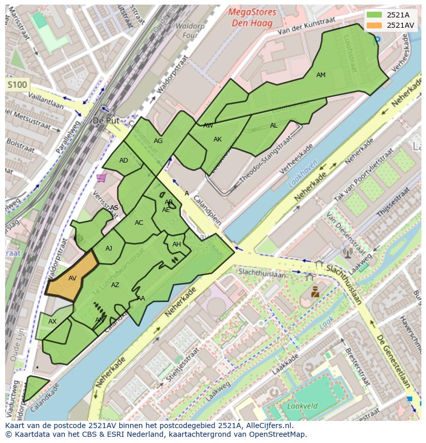 Afbeelding van het postcodegebied 2521 AV op de kaart.