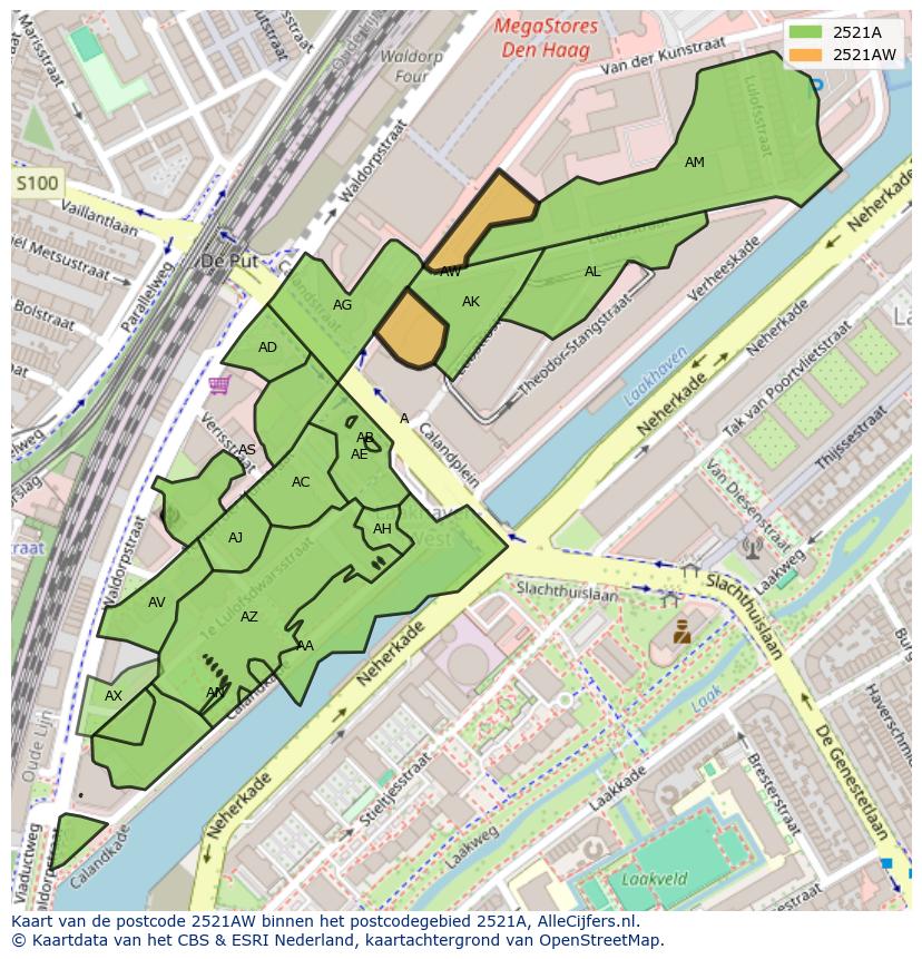 Afbeelding van het postcodegebied 2521 AW op de kaart.