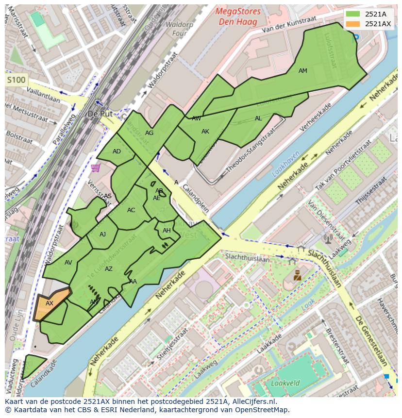 Afbeelding van het postcodegebied 2521 AX op de kaart.