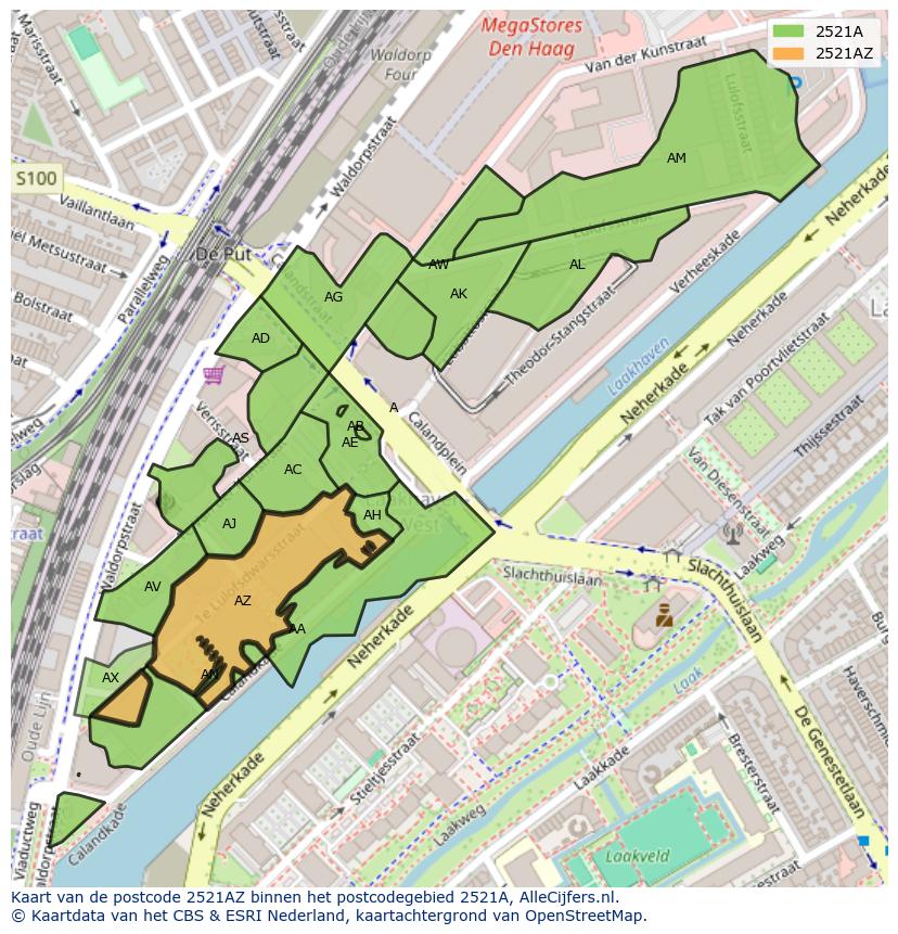 Afbeelding van het postcodegebied 2521 AZ op de kaart.