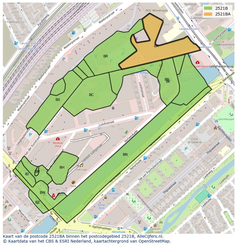 Afbeelding van het postcodegebied 2521 BA op de kaart.
