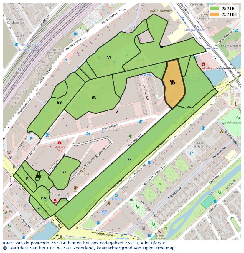 Afbeelding van het postcodegebied 2521 BE op de kaart.