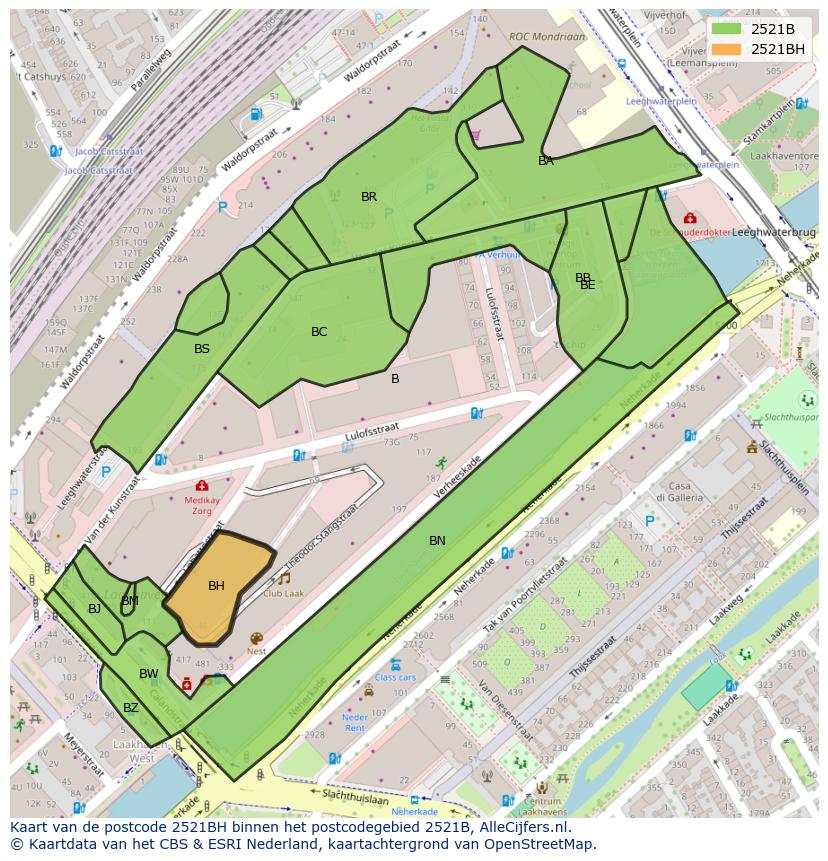 Afbeelding van het postcodegebied 2521 BH op de kaart.