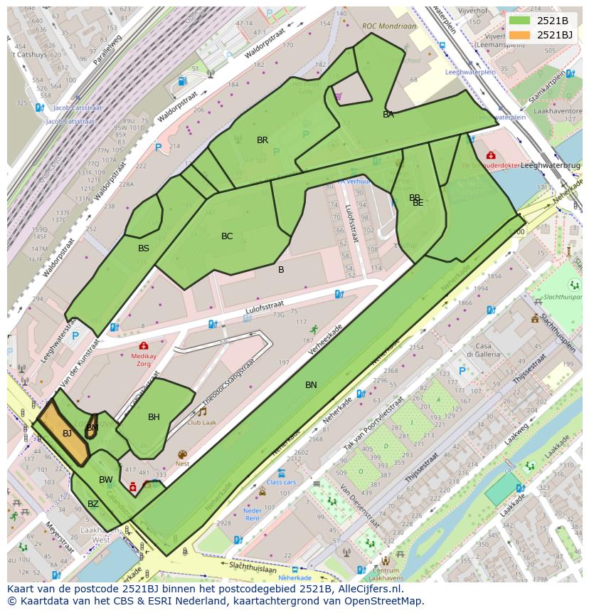 Afbeelding van het postcodegebied 2521 BJ op de kaart.