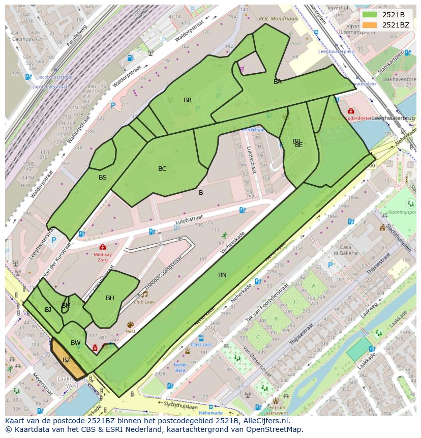 Afbeelding van het postcodegebied 2521 BZ op de kaart.
