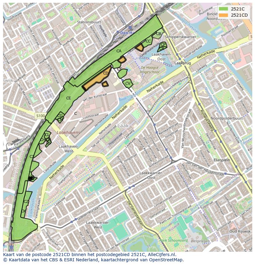 Afbeelding van het postcodegebied 2521 CD op de kaart.