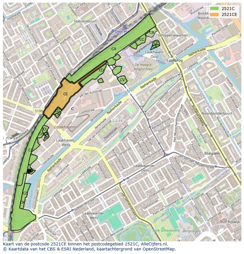 Afbeelding van het postcodegebied 2521 CE op de kaart.