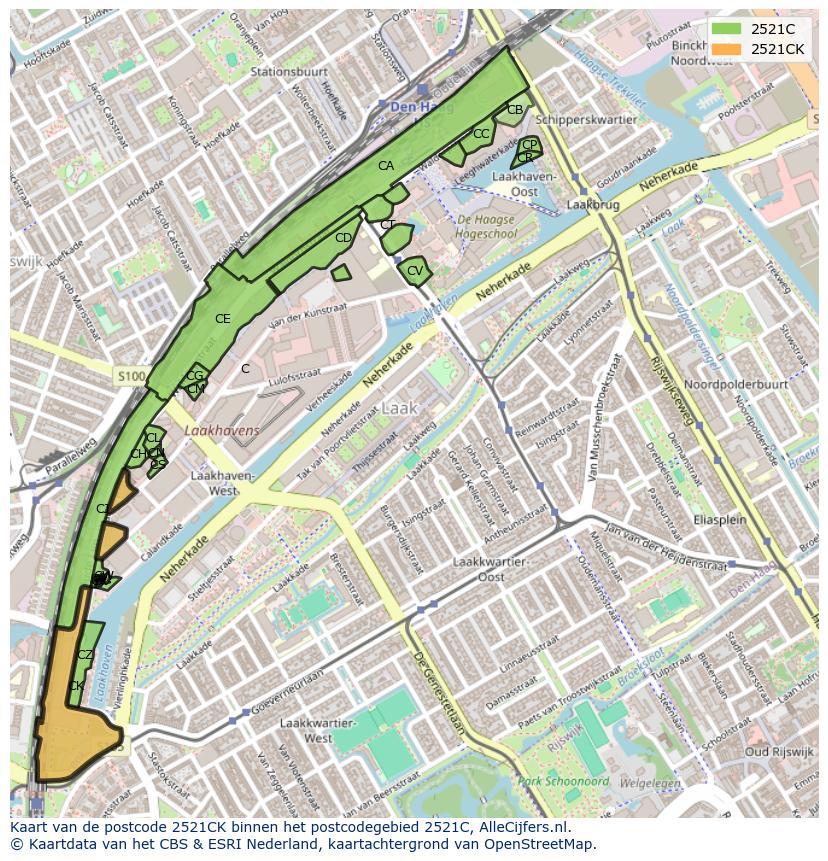 Afbeelding van het postcodegebied 2521 CK op de kaart.