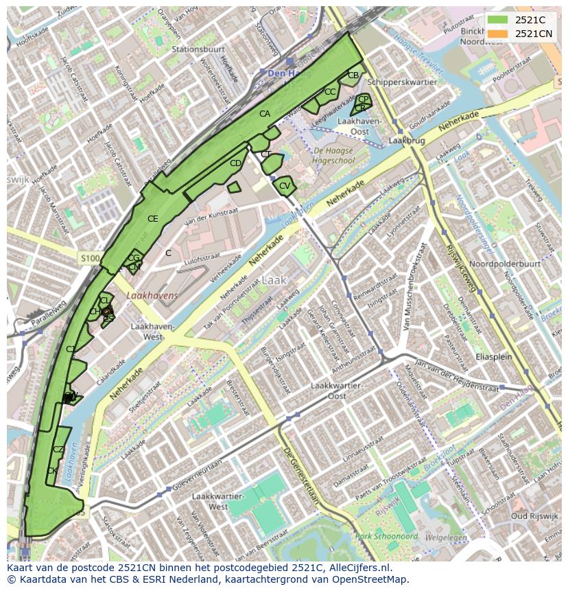 Afbeelding van het postcodegebied 2521 CN op de kaart.