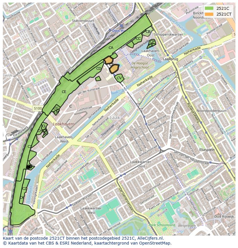 Afbeelding van het postcodegebied 2521 CT op de kaart.