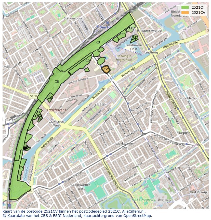 Afbeelding van het postcodegebied 2521 CV op de kaart.