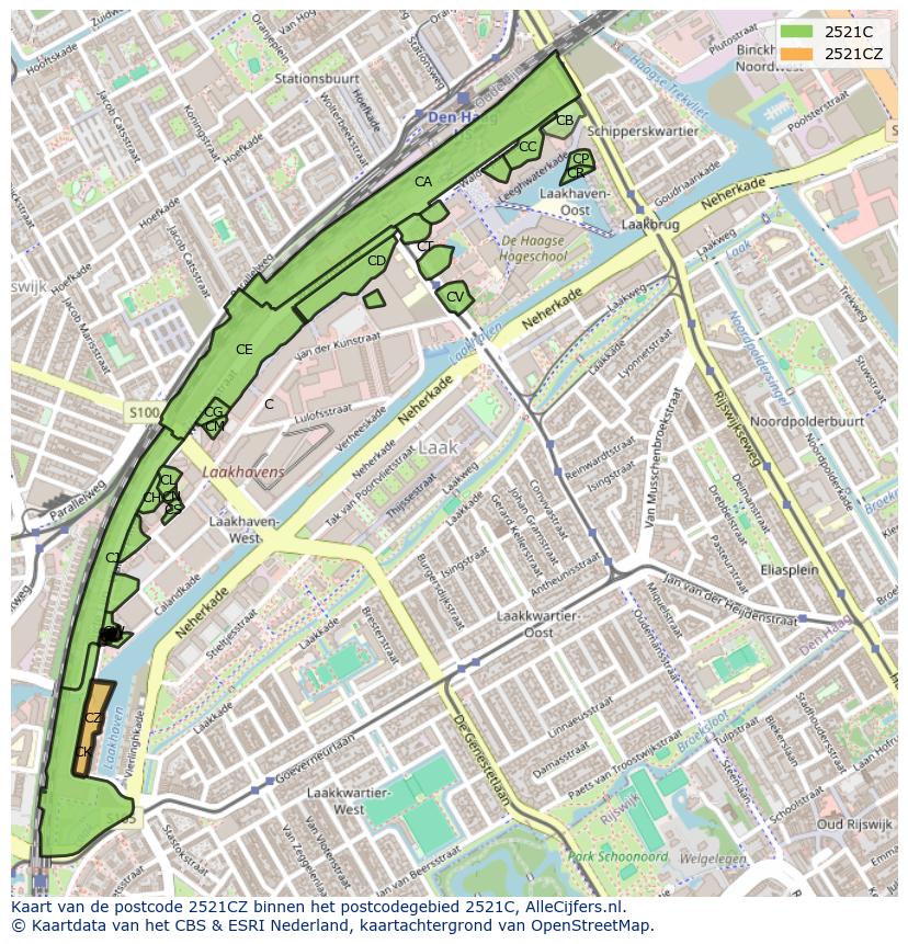 Afbeelding van het postcodegebied 2521 CZ op de kaart.