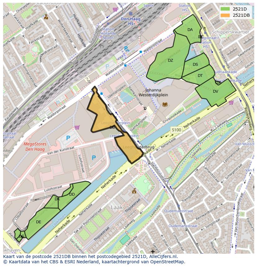 Afbeelding van het postcodegebied 2521 DB op de kaart.