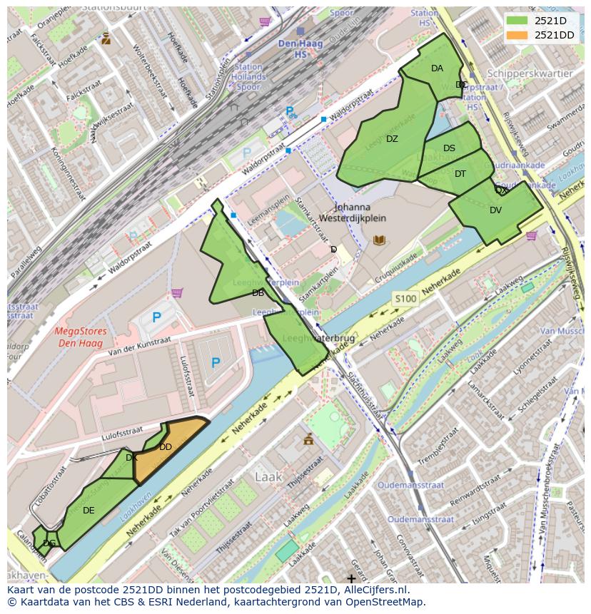 Afbeelding van het postcodegebied 2521 DD op de kaart.