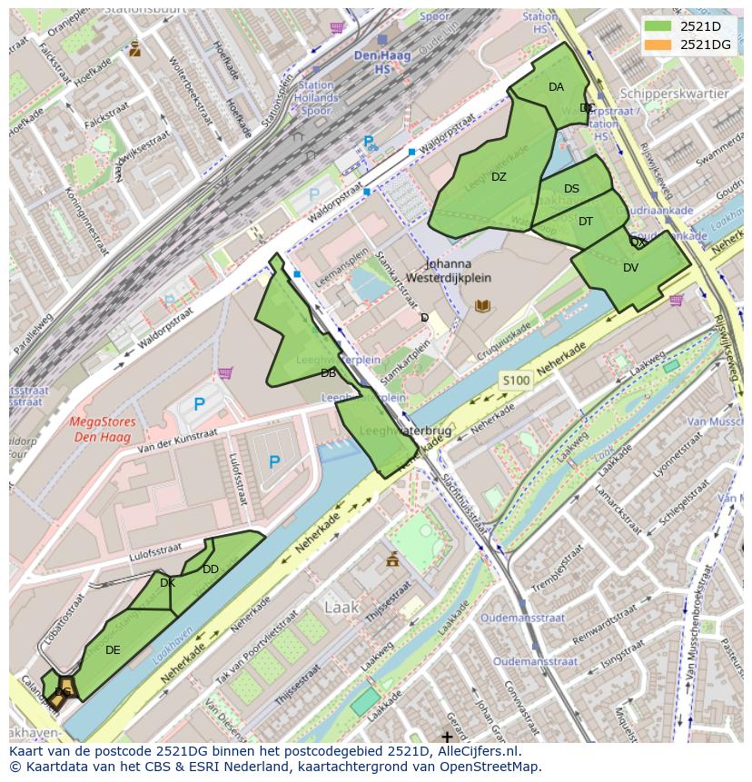 Afbeelding van het postcodegebied 2521 DG op de kaart.