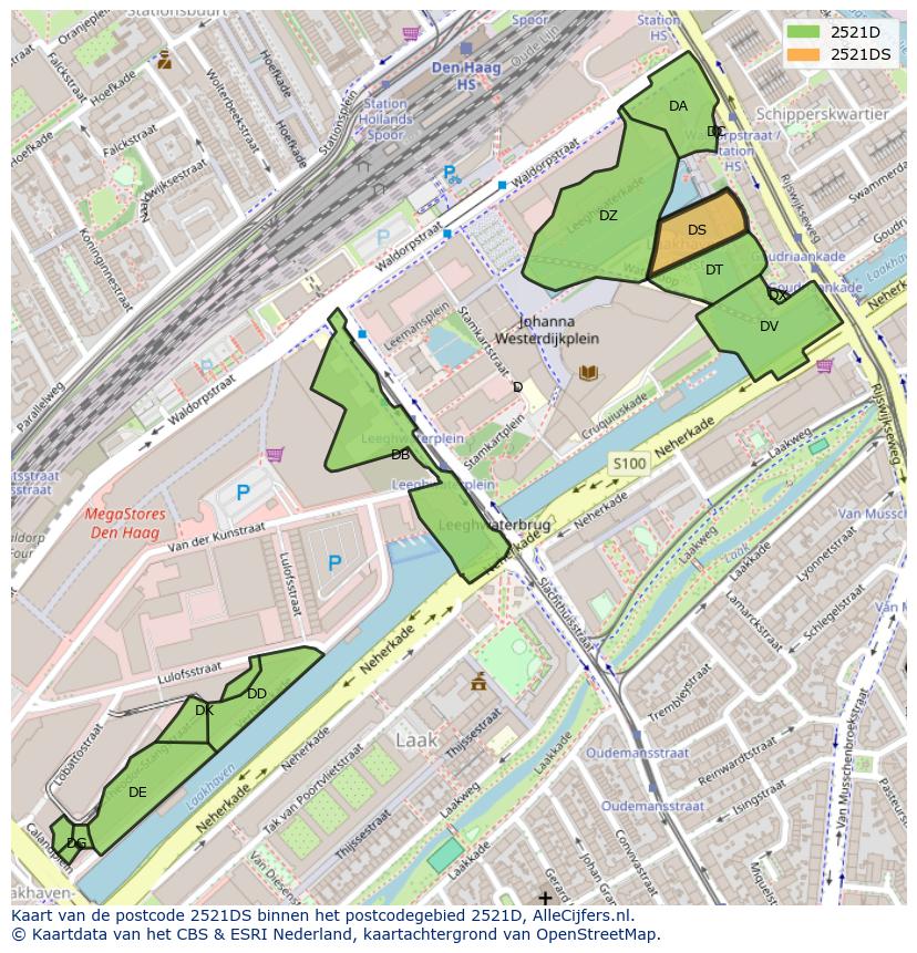 Afbeelding van het postcodegebied 2521 DS op de kaart.