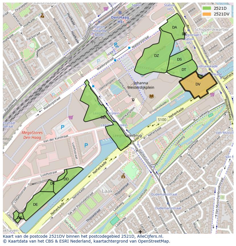 Afbeelding van het postcodegebied 2521 DV op de kaart.
