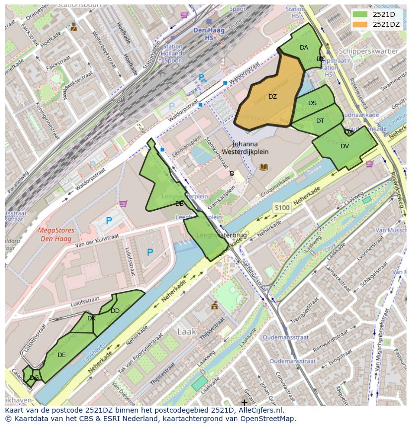Afbeelding van het postcodegebied 2521 DZ op de kaart.