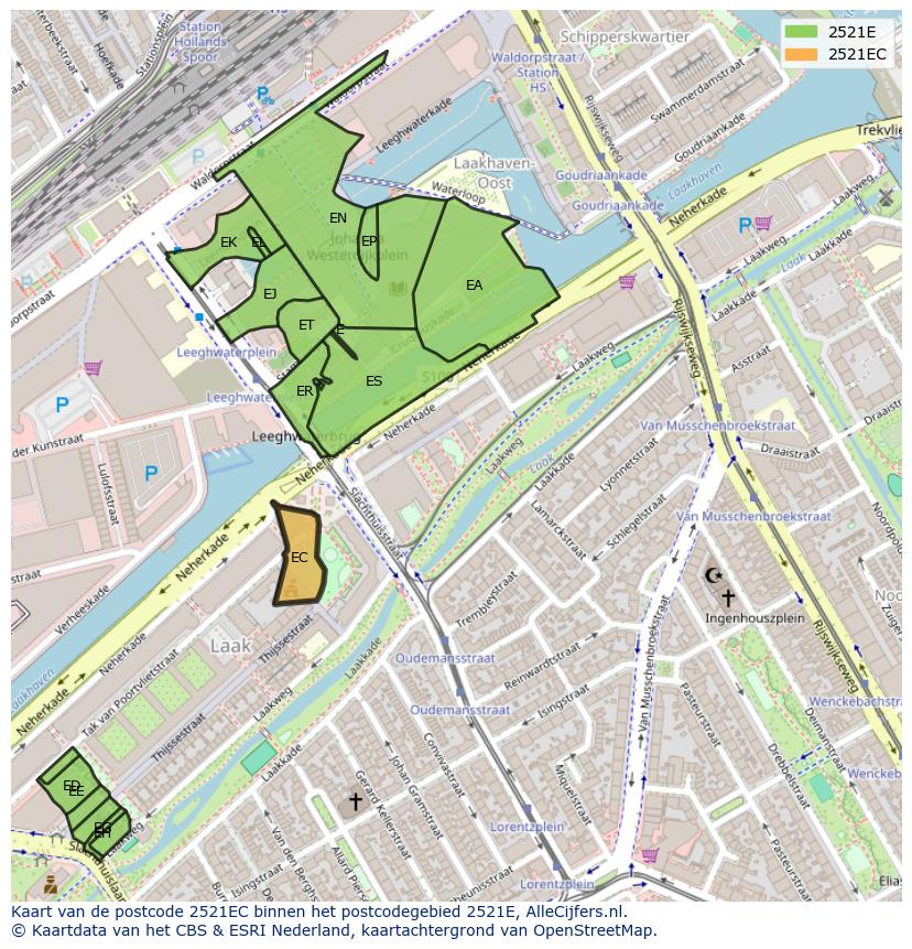 Afbeelding van het postcodegebied 2521 EC op de kaart.