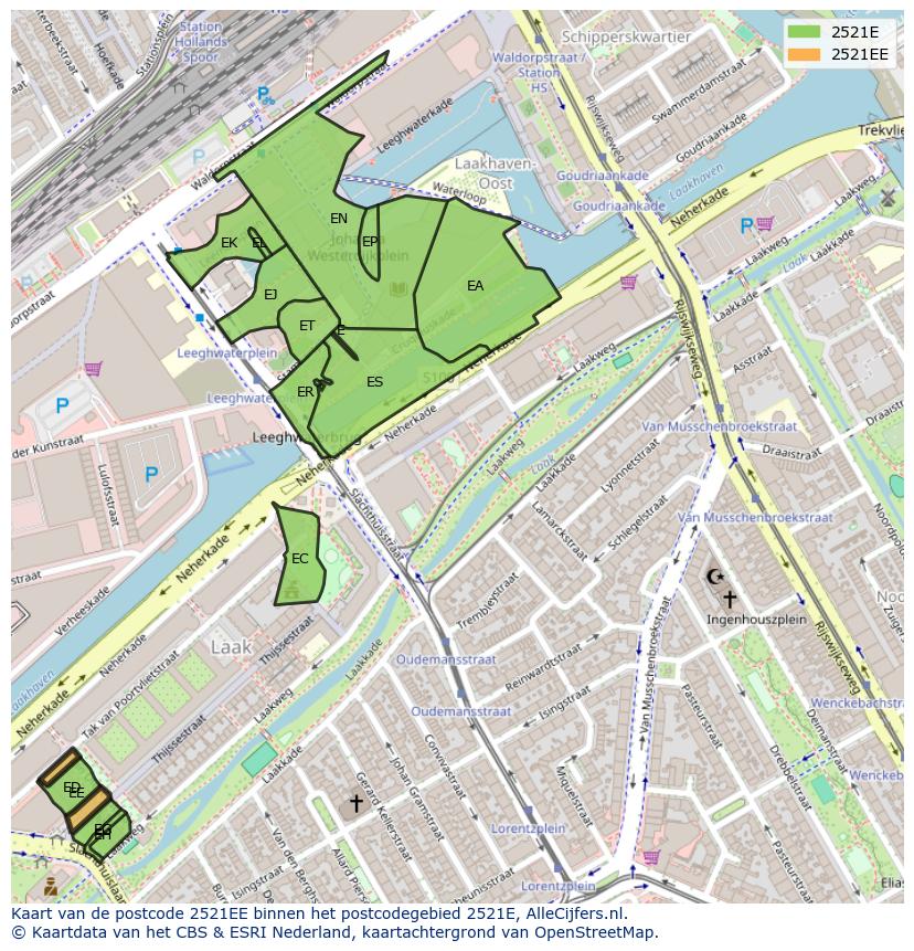 Afbeelding van het postcodegebied 2521 EE op de kaart.