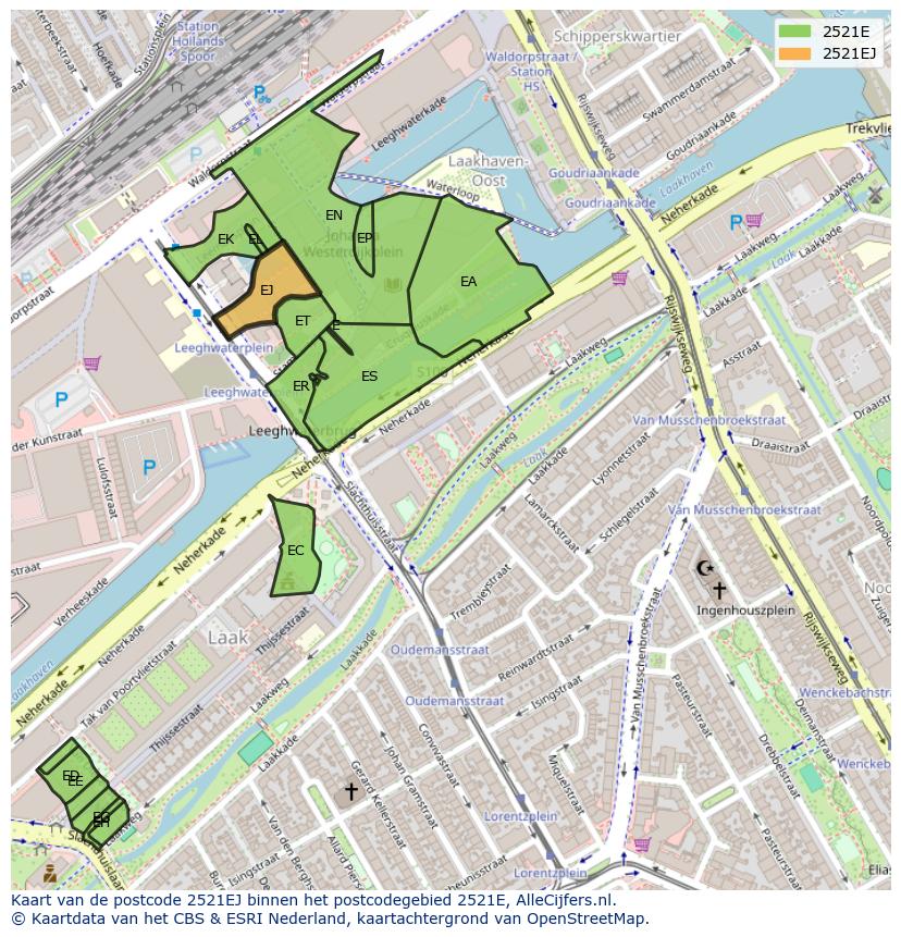 Afbeelding van het postcodegebied 2521 EJ op de kaart.