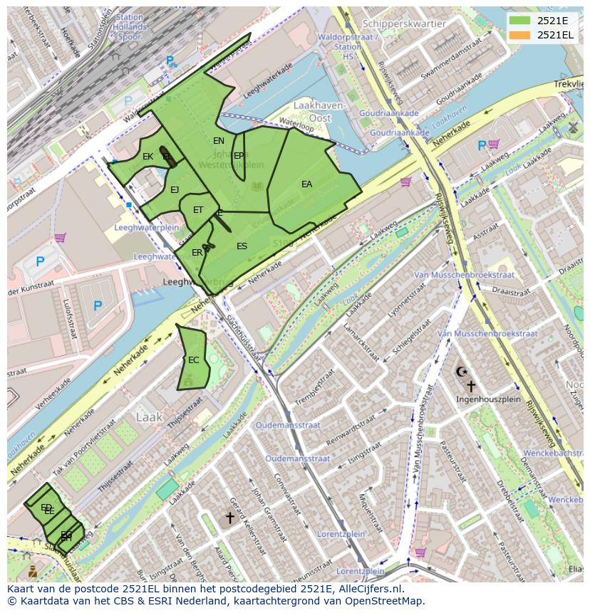 Afbeelding van het postcodegebied 2521 EL op de kaart.