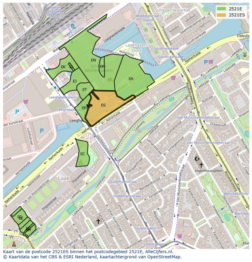 Afbeelding van het postcodegebied 2521 ES op de kaart.