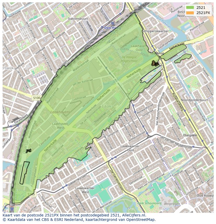 Afbeelding van het postcodegebied 2521 PX op de kaart.